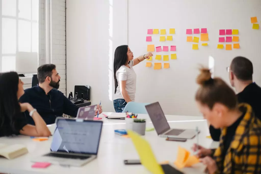 Marketing team in an office working on a content marketing plan