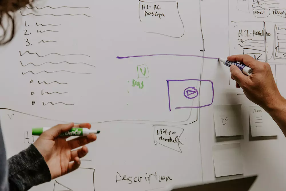 Two people using a white board to work on a marketing strategy