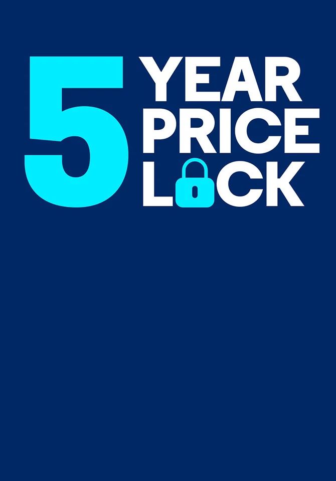 Bold "5 YEAR PRICE LOCK" text with a padlock icon on a navy blue gradient background