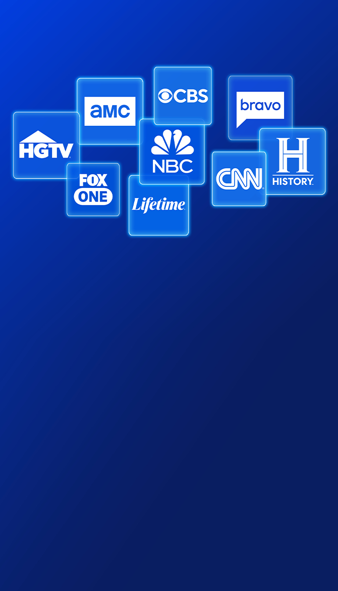 Glowing app tiles for AMC, CBS, ESPN, HGTV, NBC, History, FOX One, CNN and Lifetime on blue