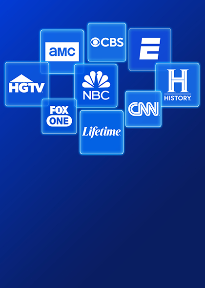 Glowing app tiles for AMC, CBS, ESPN, HGTV, NBC, History, FOX One, CNN and Lifetime on blue