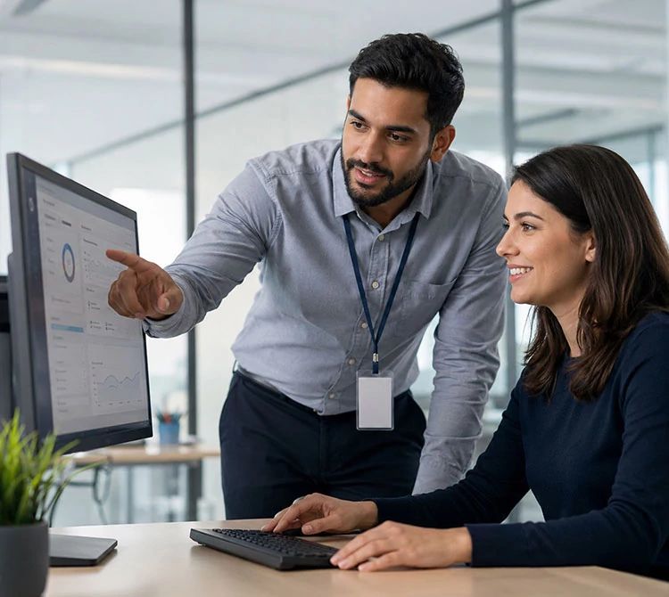 Equipo trabaja junto alrededor de una mesa que se muestra en un marco de monitor