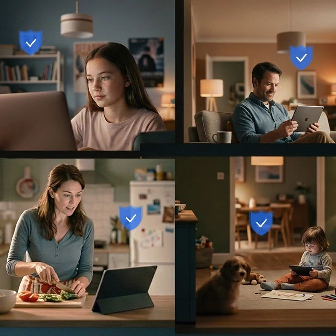 Cuadrícula de cuatro paneles que muestra a personas usando laptops y tablets en casa, cada panel marcado con una insignia de verificación azul