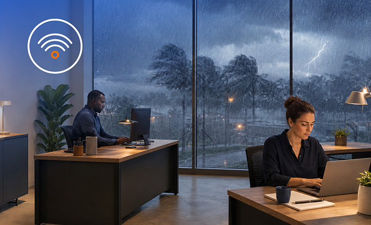 Person working at a laptop in a dim office at night with city lights visible through the window 