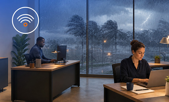 Person working at a laptop in a dim office at night with city lights visible through the window 