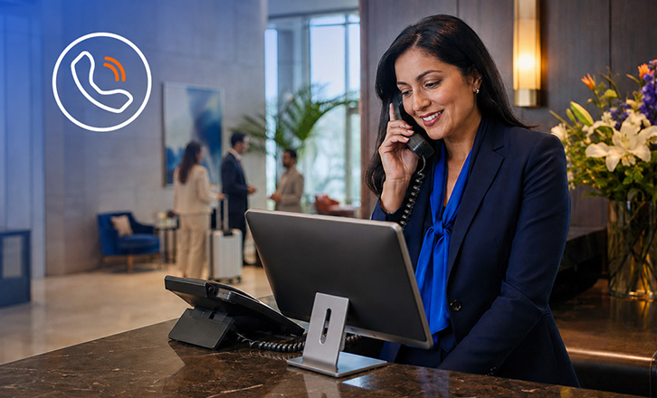Woman on a phone call at a desk working on a laptop with a plant in the background 