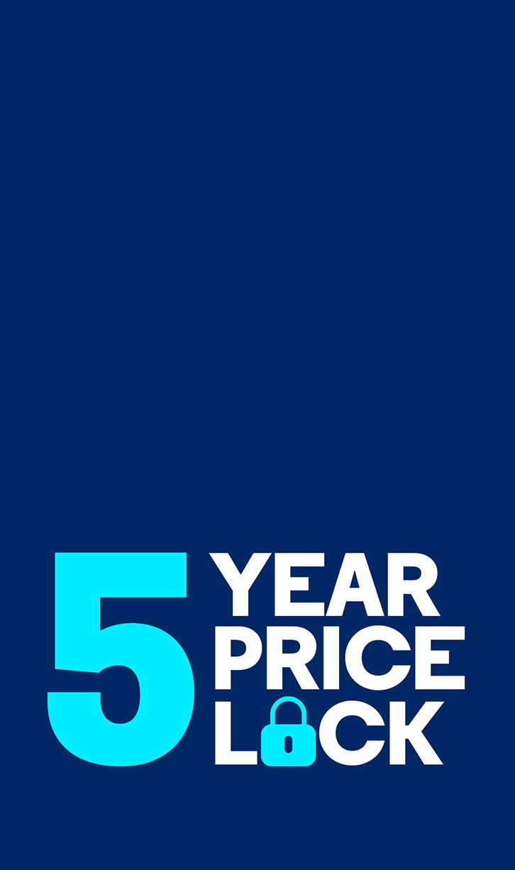 Bold "5 YEAR PRICE LOCK" text with a padlock icon on a navy blue gradient background 