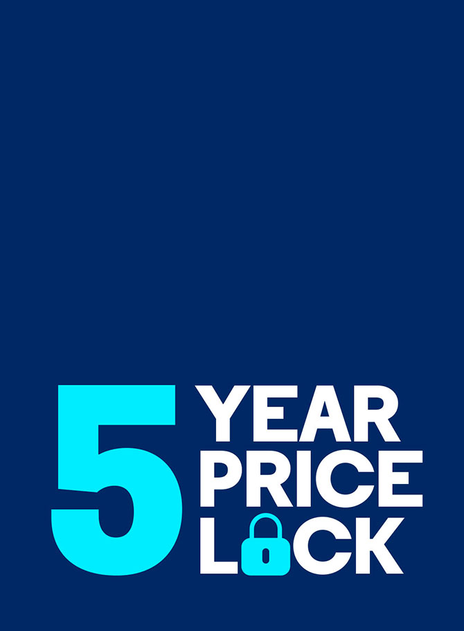 Bold "5 YEAR PRICE LOCK" text with a padlock icon on a navy blue gradient background 