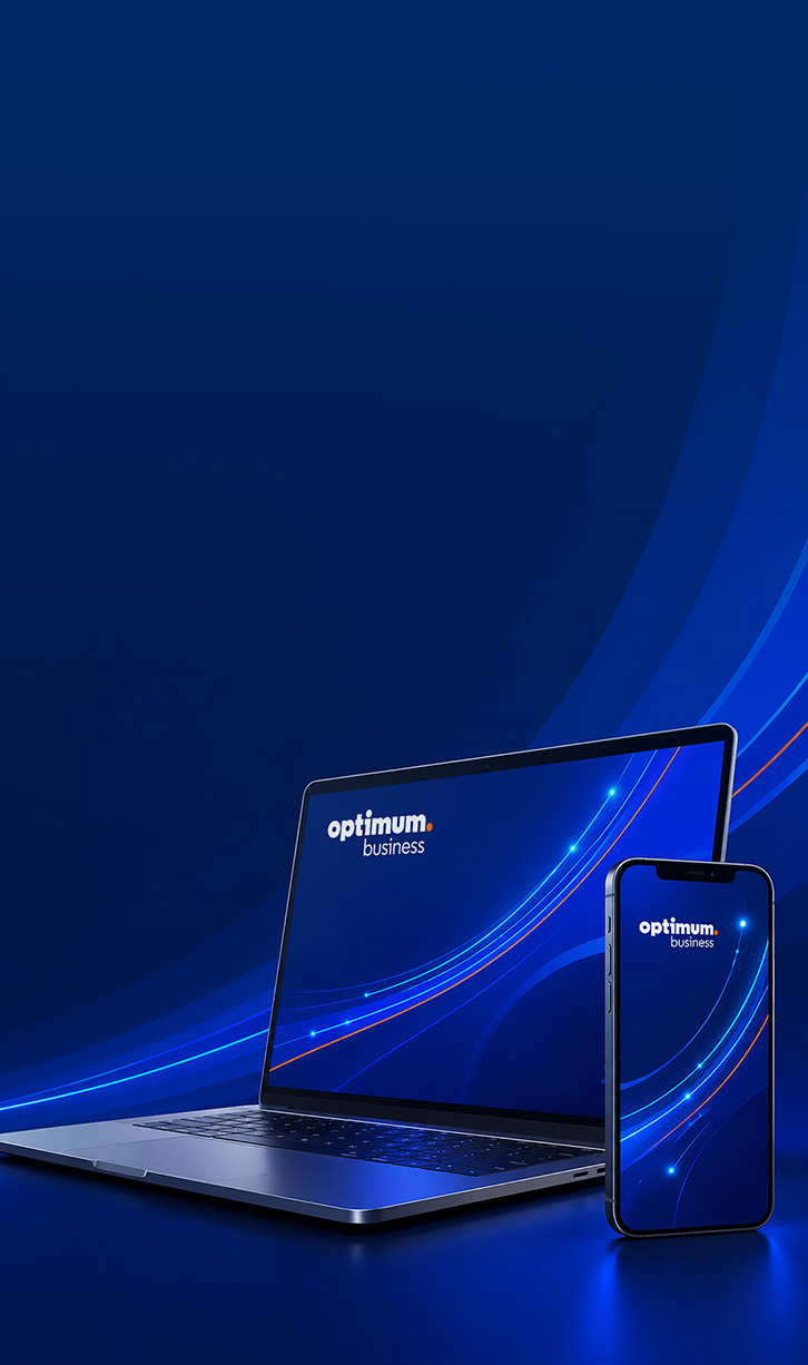 Laptop and smartphone with Optimum branding glowing on their screens against a dark blue background 