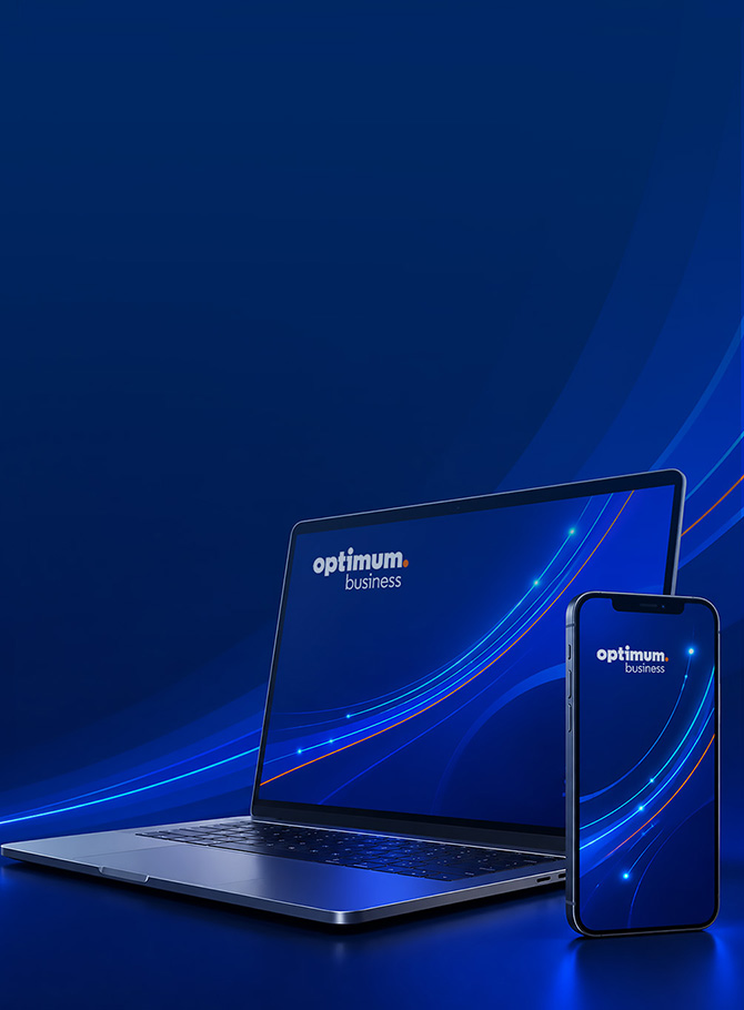 Laptop and smartphone with Optimum branding glowing on their screens against a dark blue background 