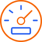 Orange speedometer gauge icon with the dial pointing right, inside a circle outline 