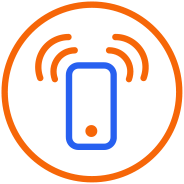 Orange circle outline with blue smartphone icon and signal waves above