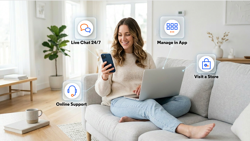 A smiling woman on a couch uses her phone and laptop, surrounded by icons for Optimum support: Live Chat 24/7, Manage in App, Online Support, and Visit a Store.
