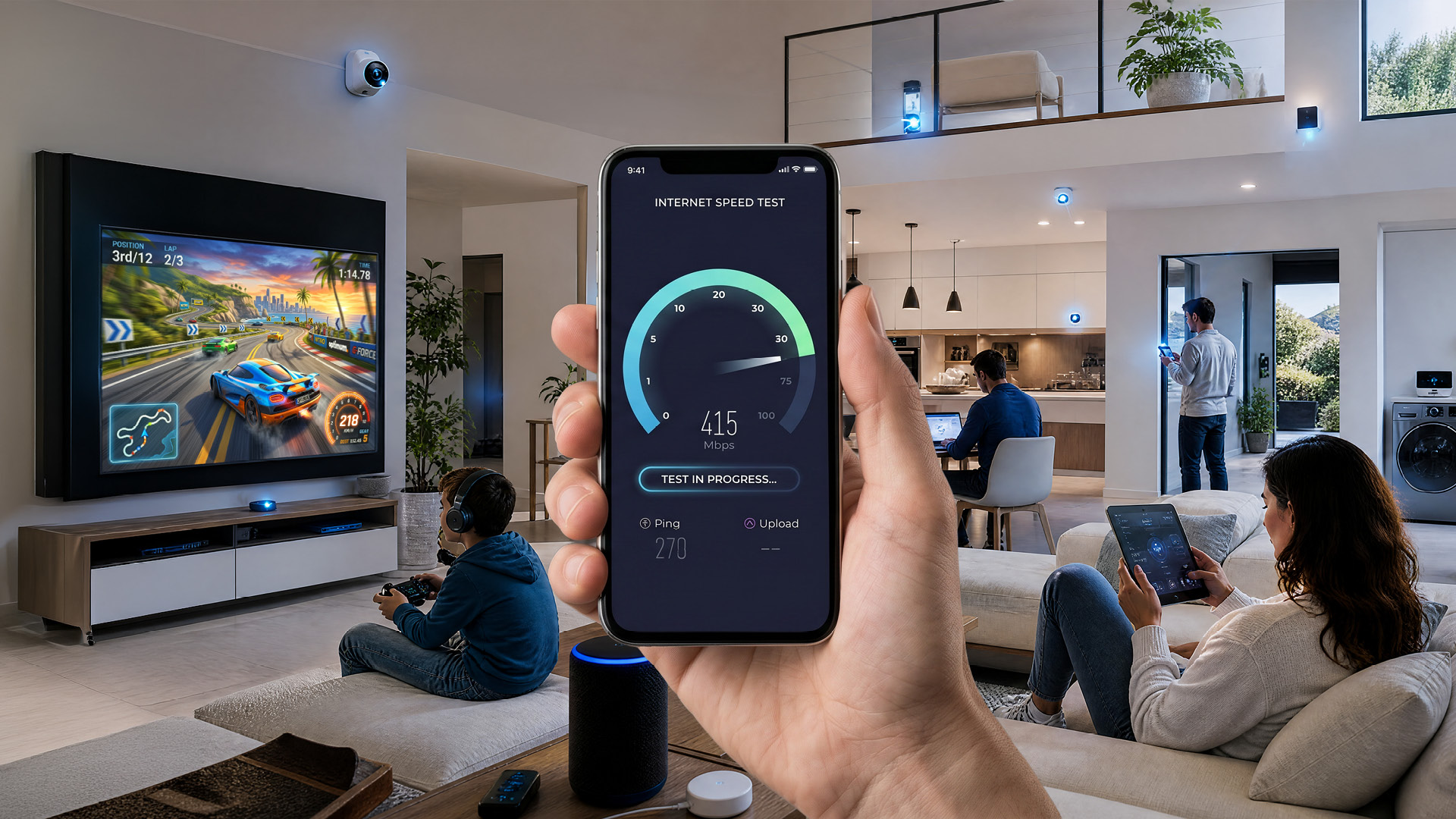Smart home with people streaming, gaming, and using connected devices while a smartphone displays a 415 Mbps internet speed test.