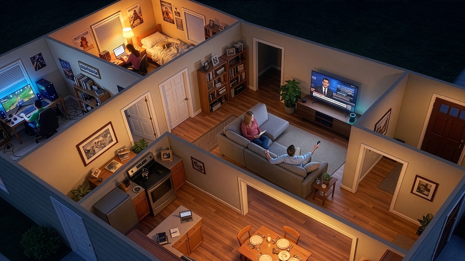 Cutaway 3D diagram of a house showing family members in different rooms simultaneously using connected devices.