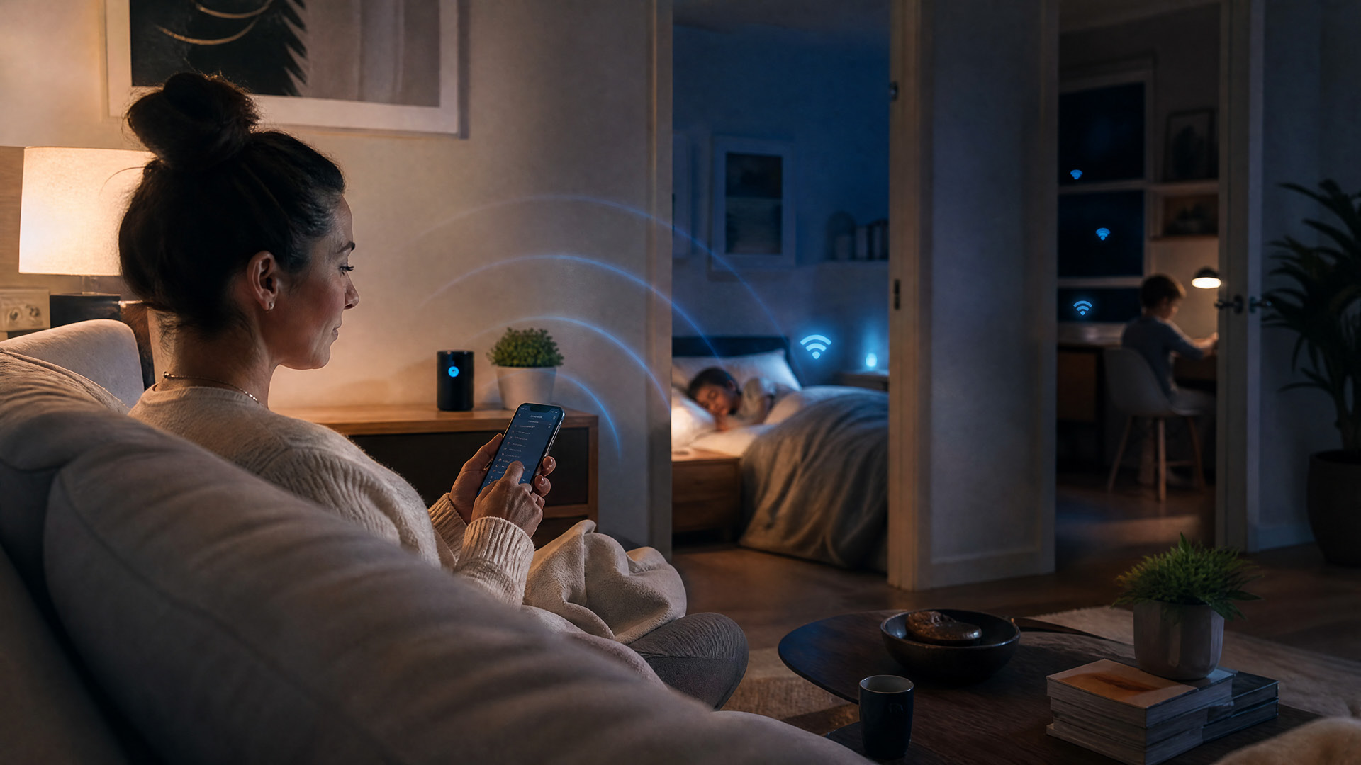 Whole-home Wi-Fi coverage showing blue signal waves connecting multiple devices across different rooms in a house.