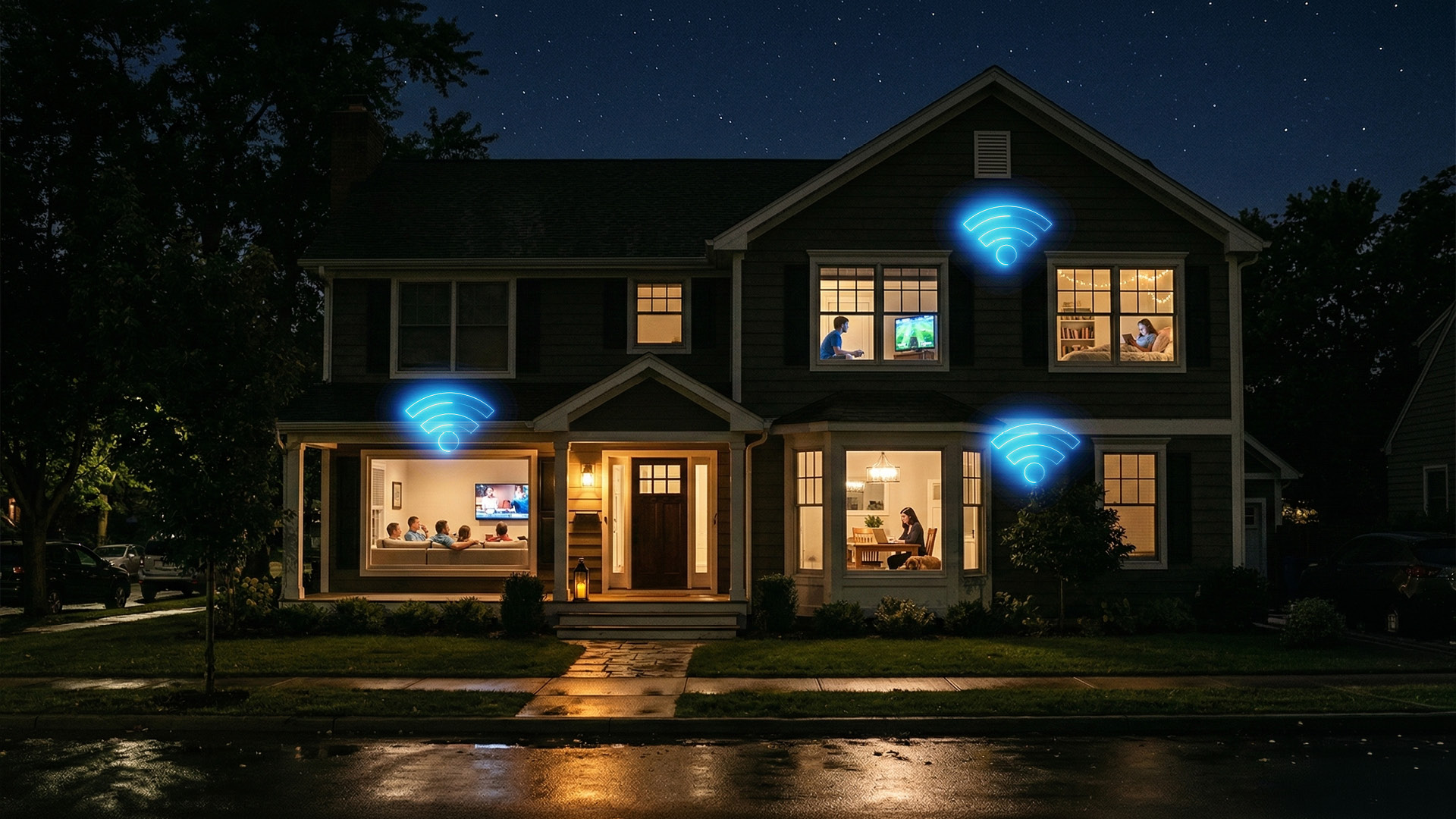 Image of house at night with Wi-Fi signals around the home.
