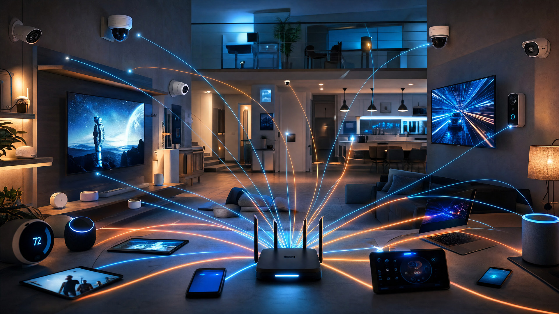 Smart home network with connected devices communicating through a central wireless router.