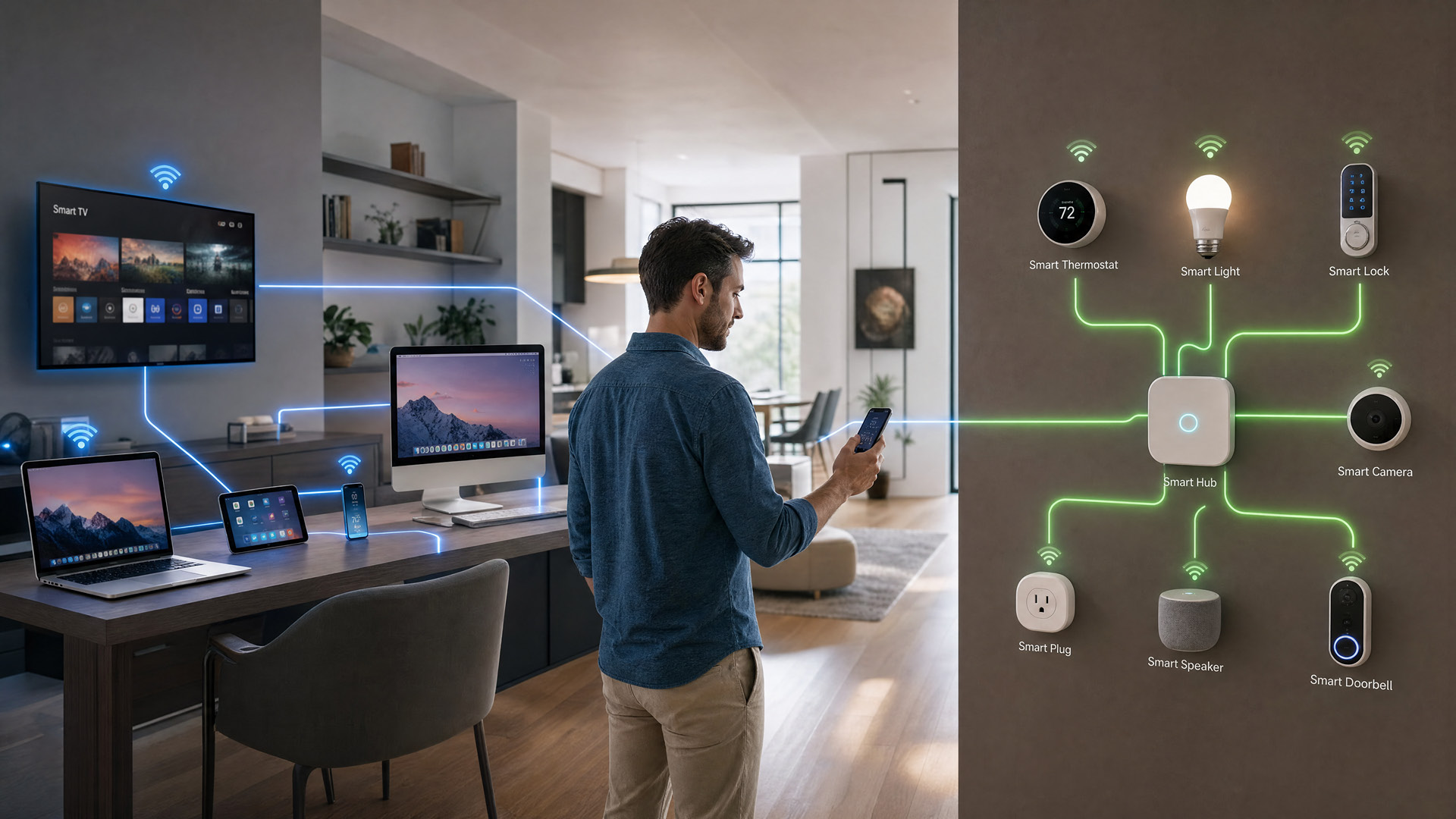 Man using a smartphone to manage connected smart home and office devices via Wi-Fi.