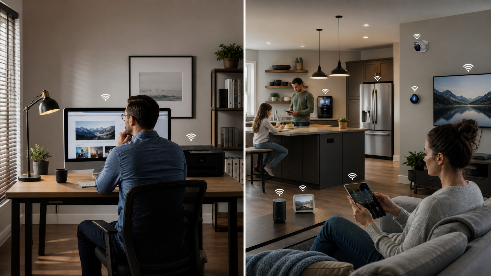 Split image comparing home Wi-Fi use: a man working at a desktop on the left, a family using smart home devices on the right.