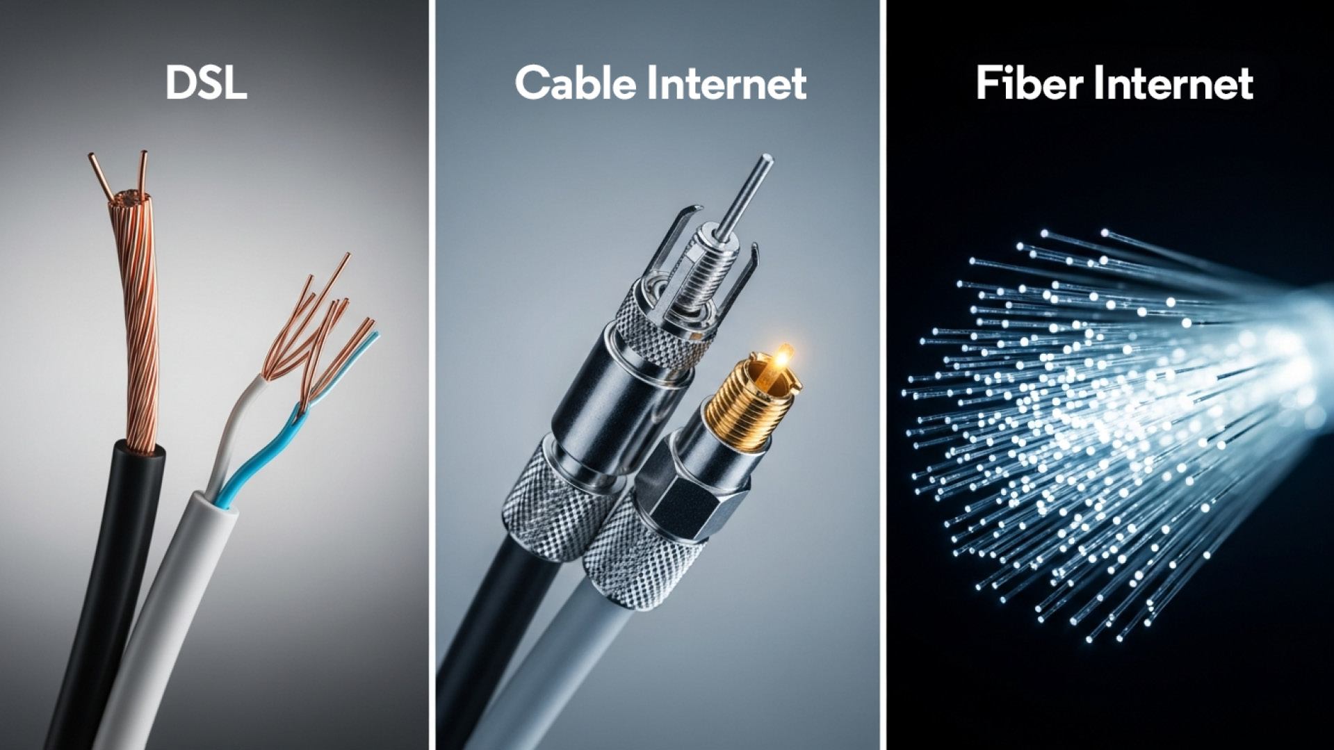3 images showing DSL, Cable and Fiber Optic Internet