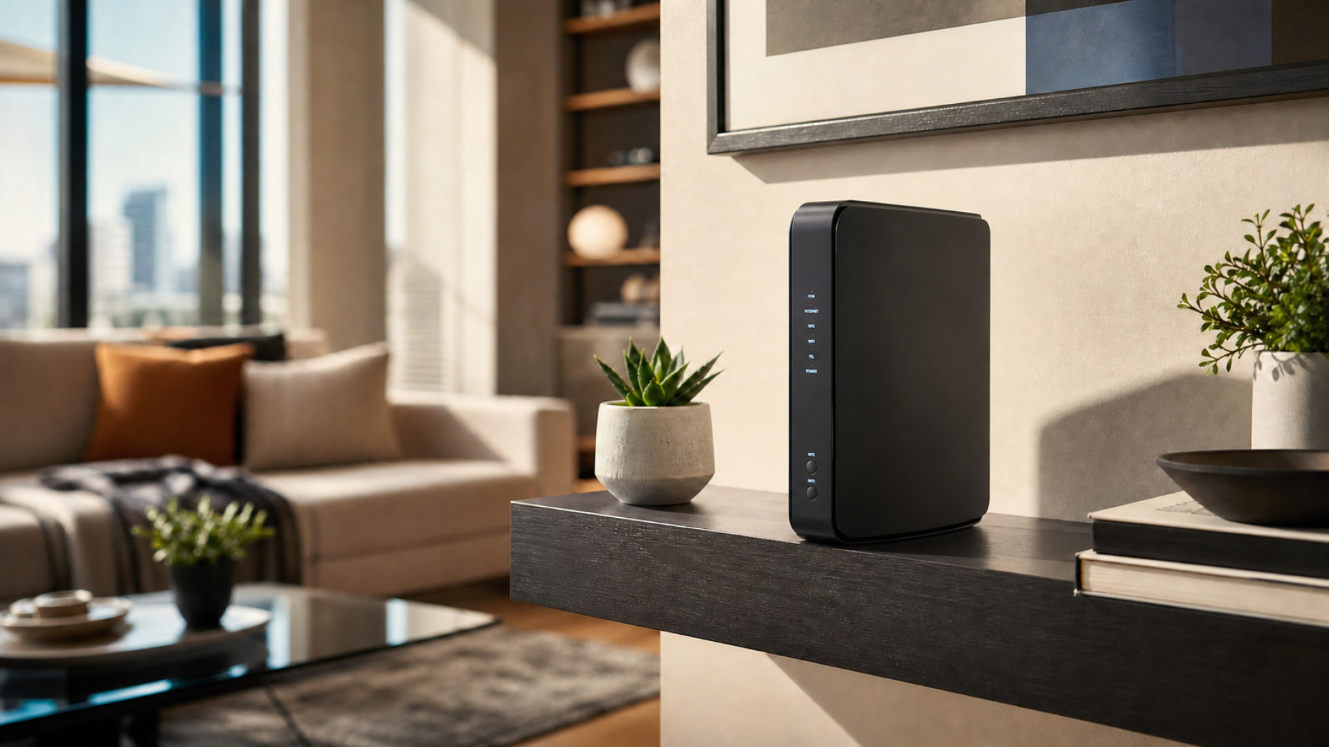 Modem or router on a shelf in a modern living room, providing home internet connectivity.