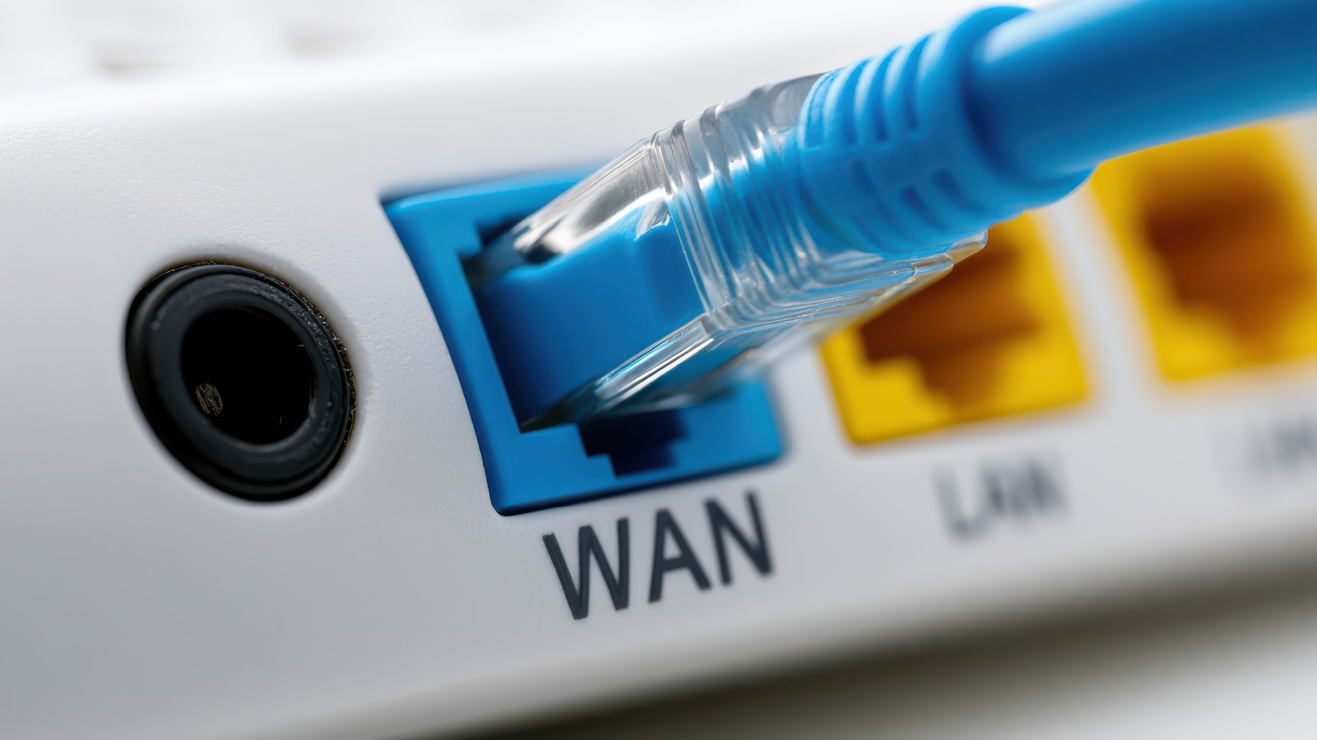 Ethernet cable connected to the WAN port of a modem or router, with LAN ports visible beside it.