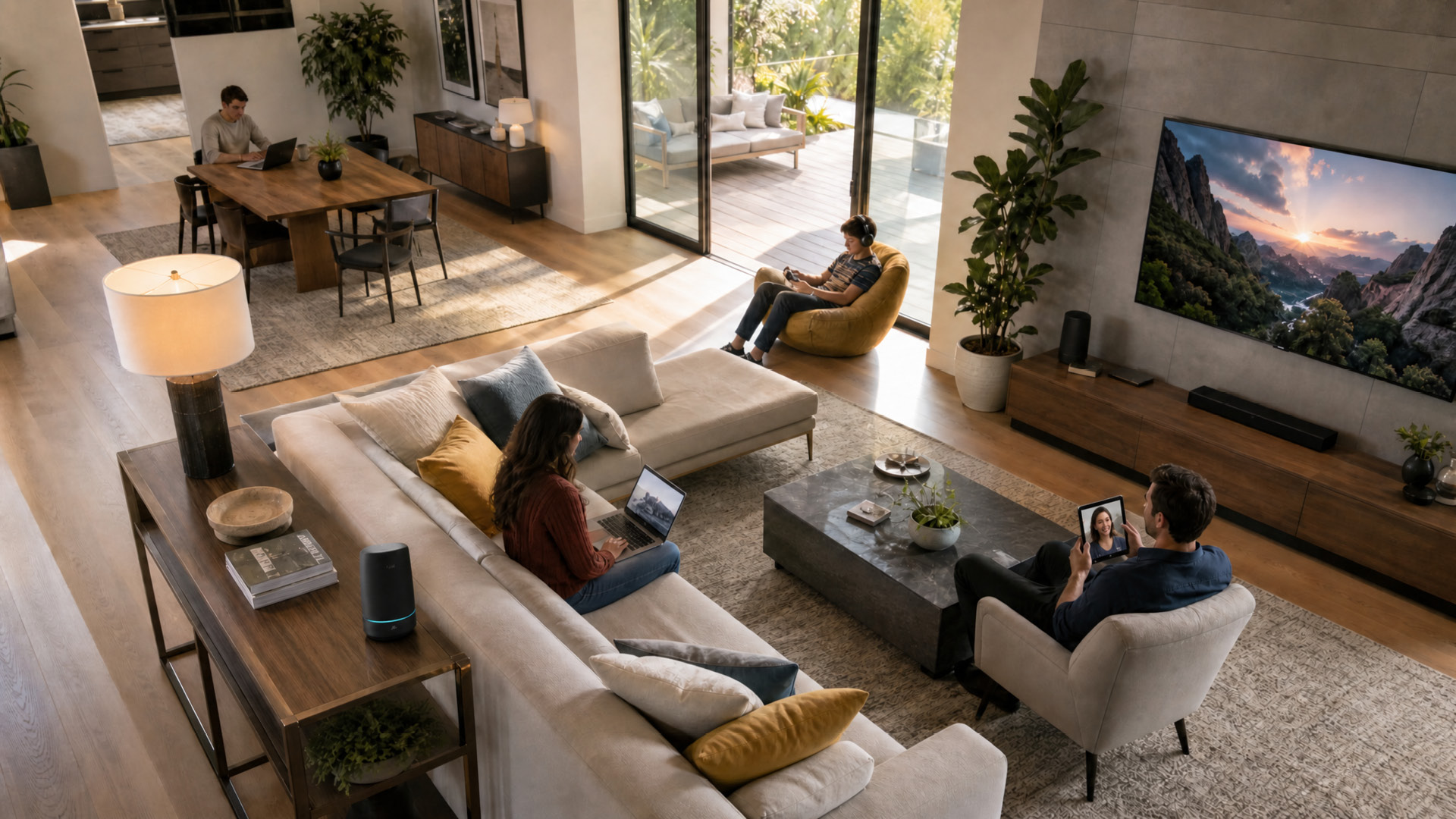 A household demonstrating heavy broadband usage, with four family members simultaneously working, video calling, and gaming on various connected devices in a shared living space.