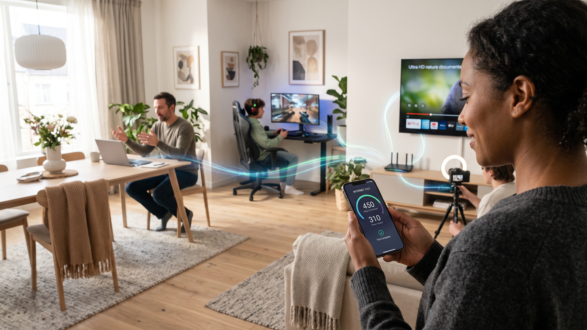 Family using Optimum whole-home Wi-Fi across multiple devices for gaming, streaming, video calls, and a mobile speed test.
