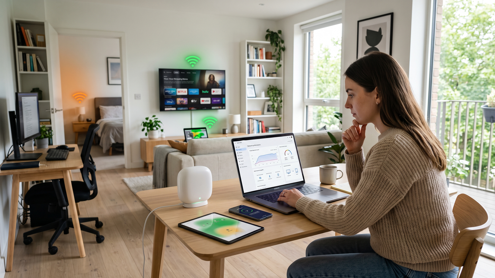 Woman working from home with a laptop, phone, and connected smart TV, representing an upgraded home internet network handling multiple devices.