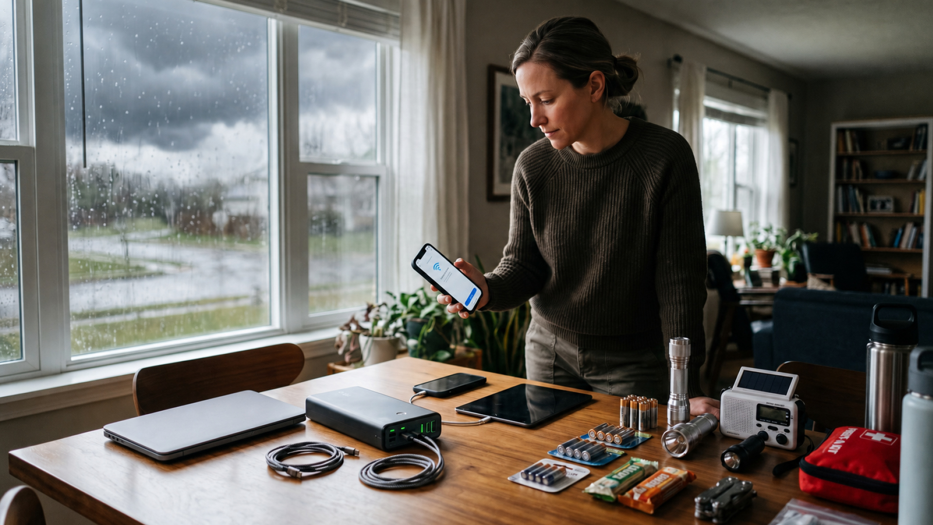 Homeowner checking connectivity and storm updates on a mobile phone with backup battery banks, flashlights, and emergency kits ready on the dining table.