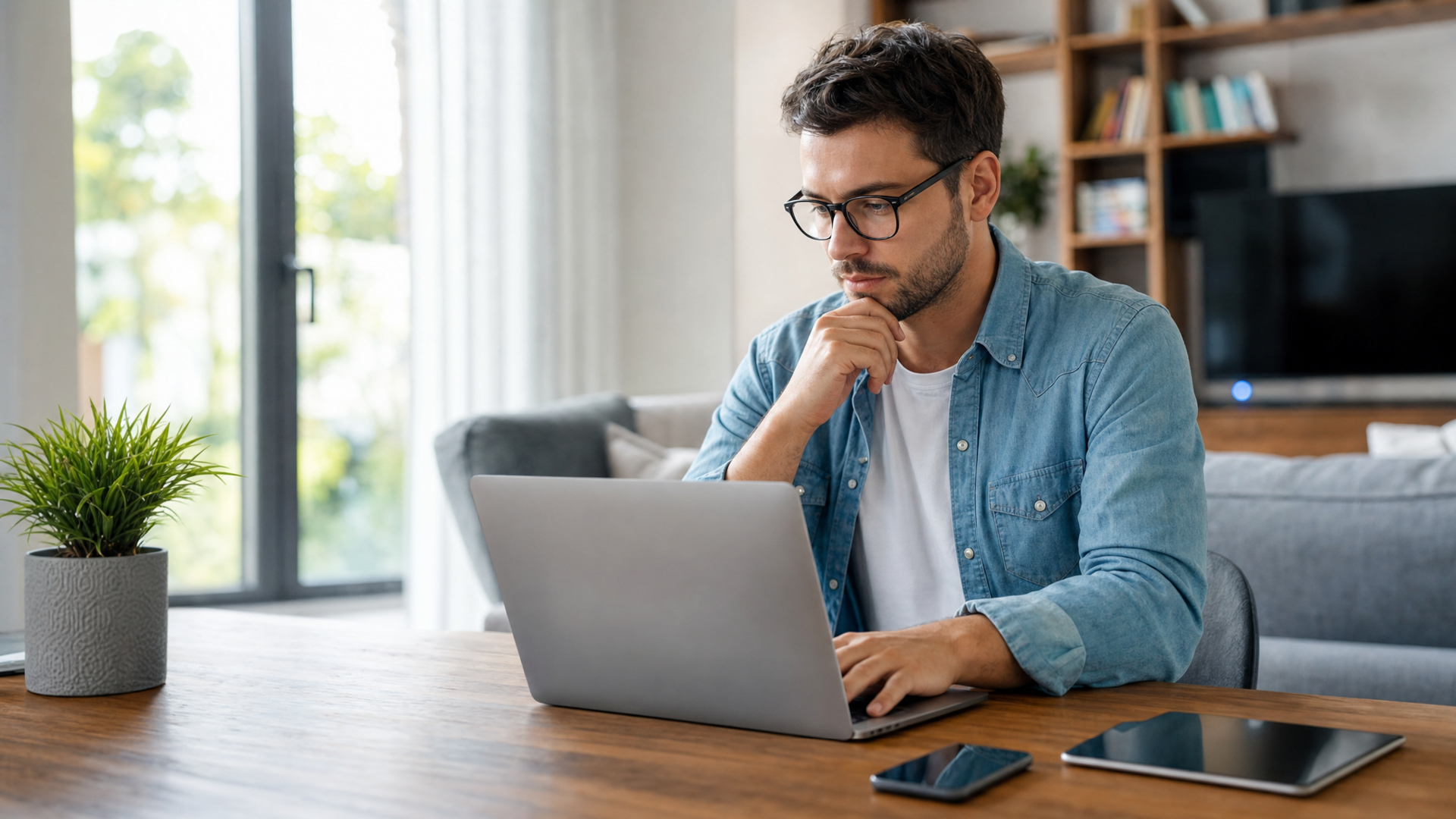 Man sitting at table looking at laptop looking for Internet providers like Optimum