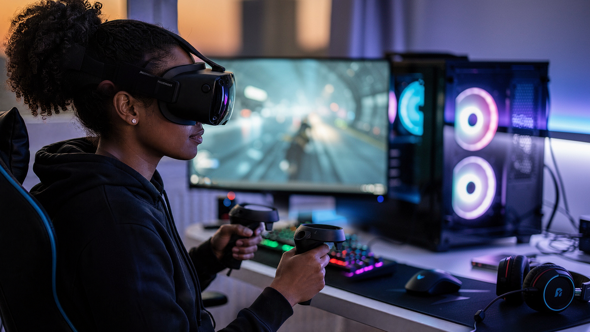 Person wearing a VR headset and holding motion controllers seated at an RGB-lit gaming desk.