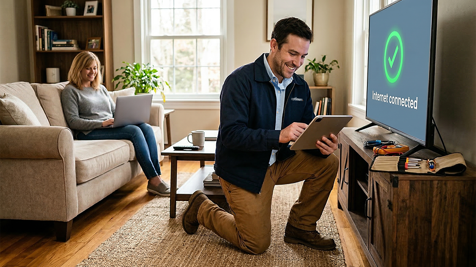 An Optimum technician checks a tablet in a bright living room while a happy customer uses her laptop and a TV displays "Internet connected."