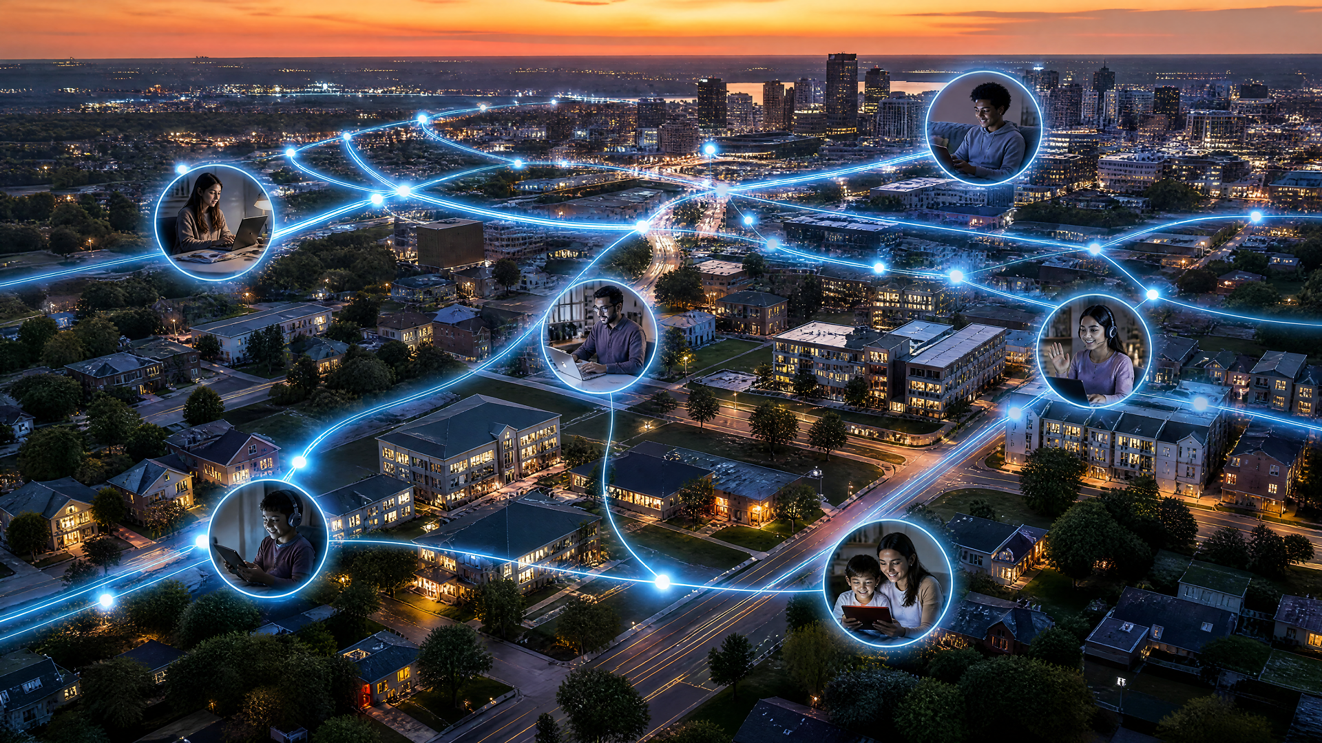 Aerial illustration of a high-speed fiber internet network connecting homes, remote workers, and families across a residential community.