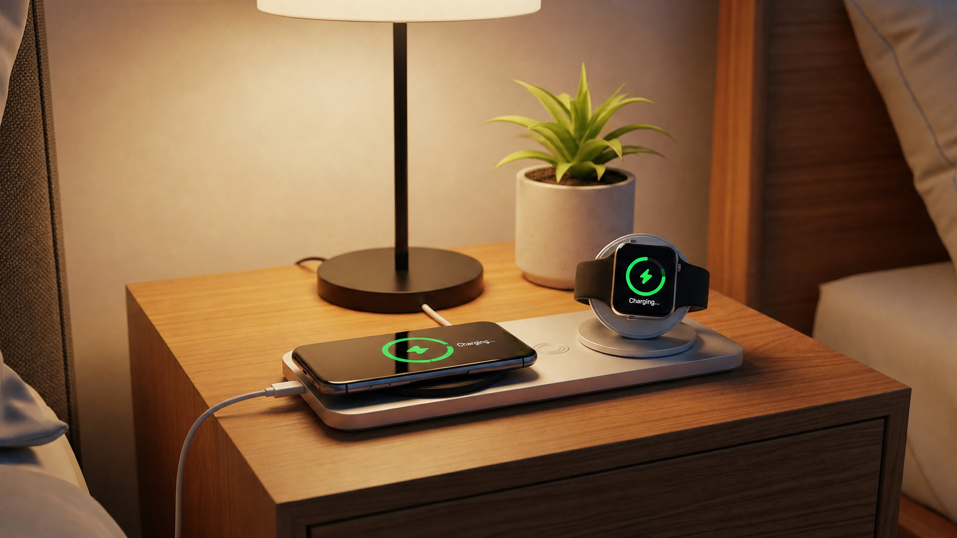 Smartphone and smartwatch power up on a sleek wireless charging pad, representing Optimum Mobile device compatibility.