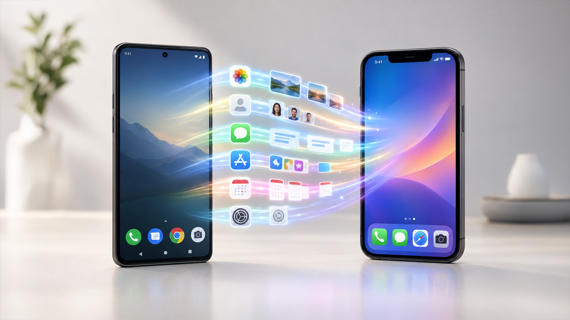 Illustration of seamless data transfer between an Android smartphone and an iPhone, migrating photos, contacts, messages, and apps.