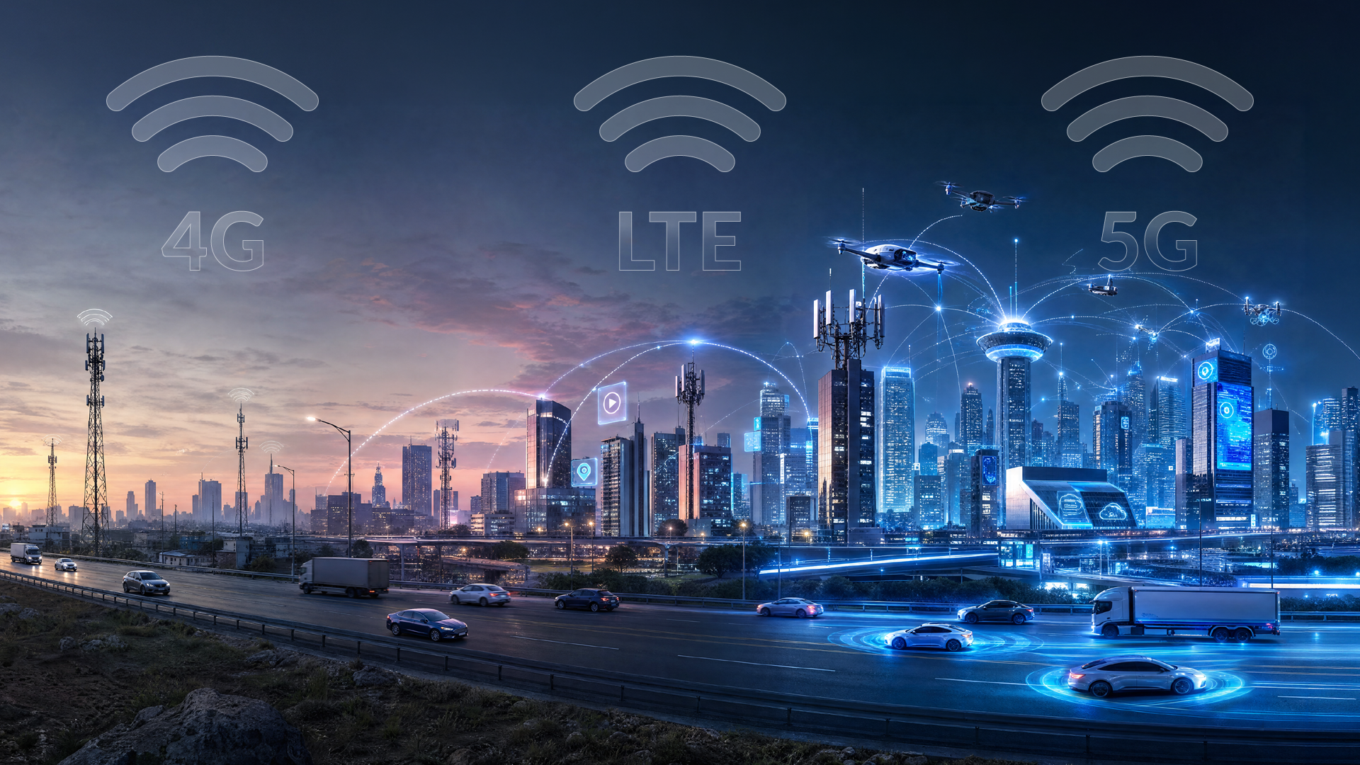 Infographic showing the evolution of wireless mobile networks from 4G and LTE to a connected 5G smart city.