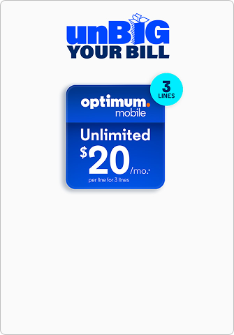 unBIG YOUR BILL promotional graphic in dark blue block text with a teal gift box icon, showing Optimum Mobile plan card reading 'Unlimited $20/mo.' with a '3 LINES' badge in teal