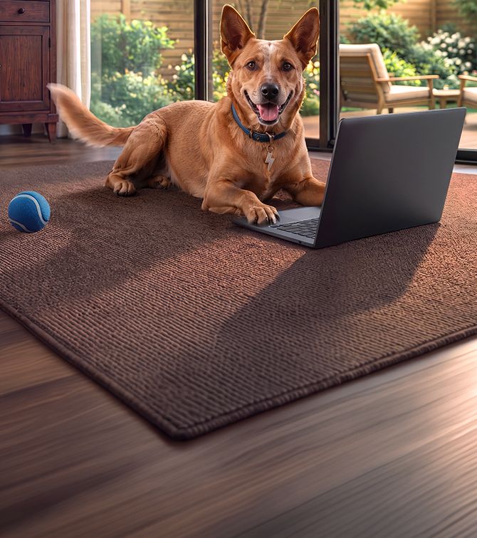 Red-brown dog with blue collar lying on brown rug beside an open laptop with a blue ball nearby