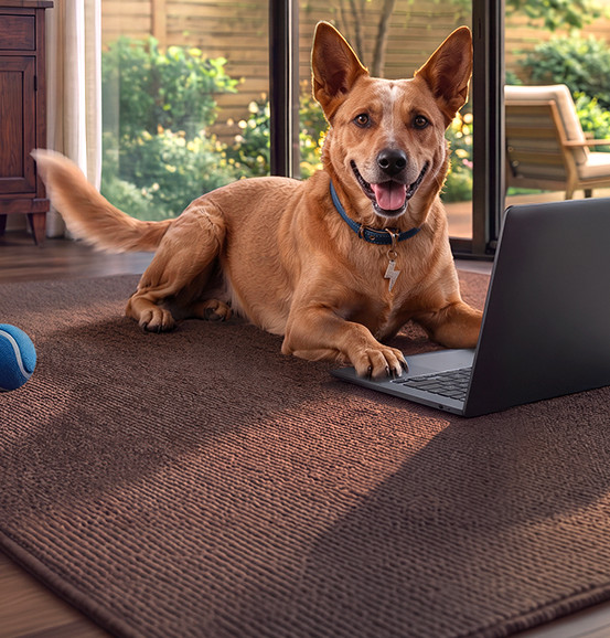 Red-brown dog with blue collar lying on brown rug beside an open laptop with a blue ball nearby