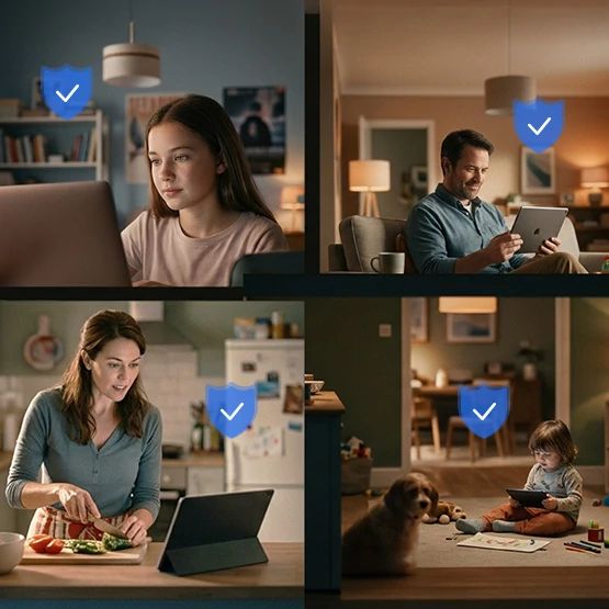 Cuadrícula de cuatro paneles que muestra a personas usando laptops y tablets en casa, cada panel marcado con una insignia de verificación azul