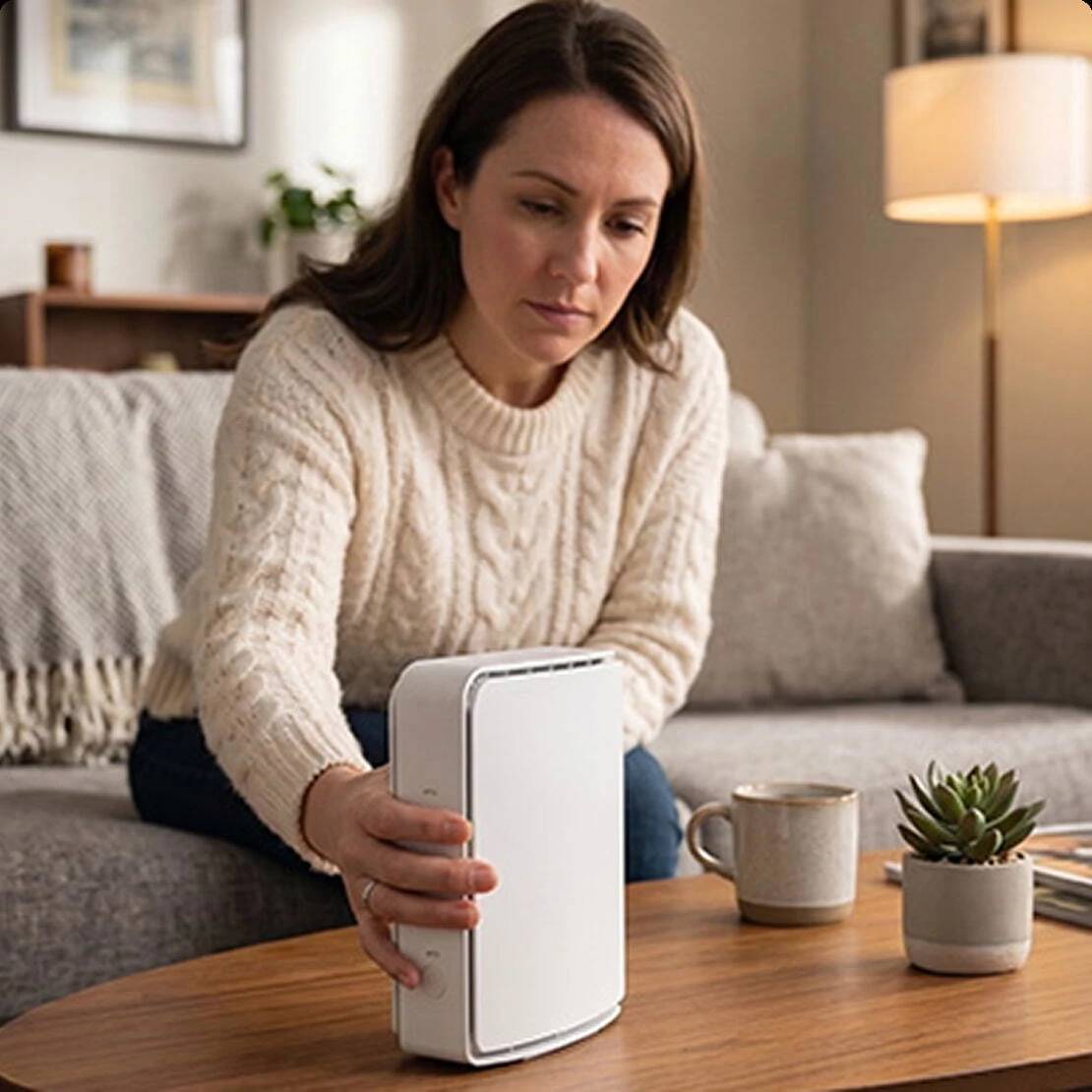 Woman sitting holding modem/router