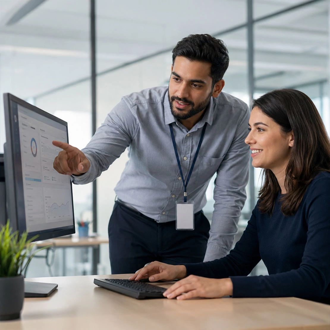 Equipo trabaja junto alrededor de una mesa que se muestra en un marco de monitor