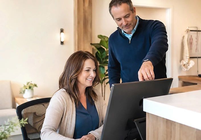Man and woman looking together at a desktop computer monitor in a bright office