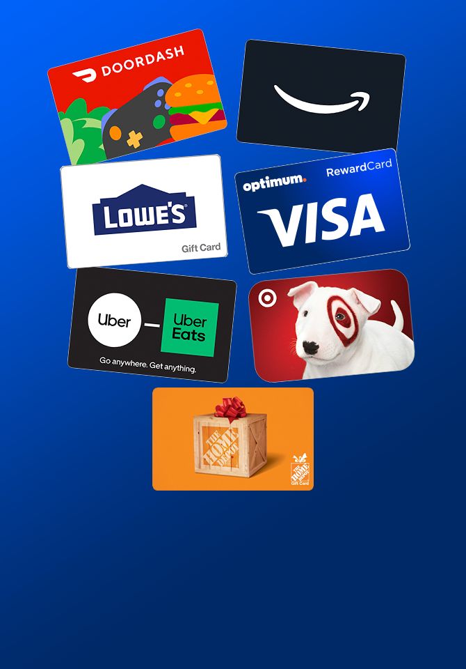 Fanned gift cards for DoorDash, Target, Lowe's, Optimum Visa, Amazon, Walmart, Home Depot and Uber Eats on blue