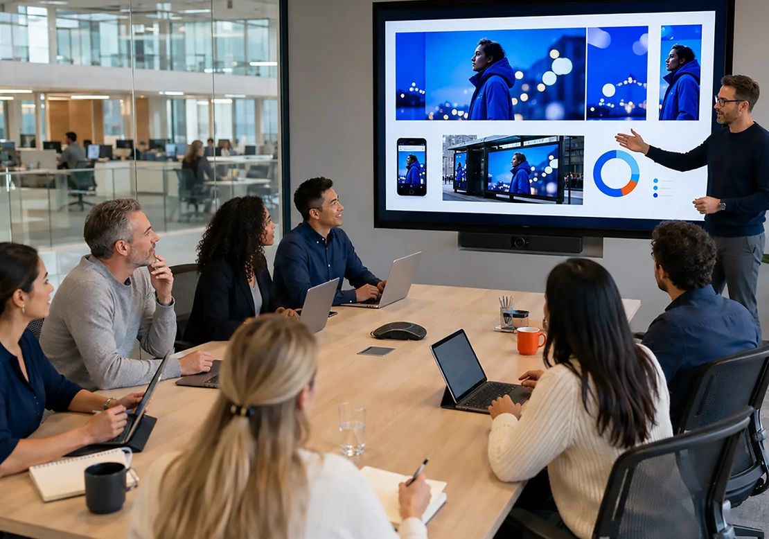 Group of colleagues in a conference room meeting, viewing a data dashboard on a wall-mounted screen