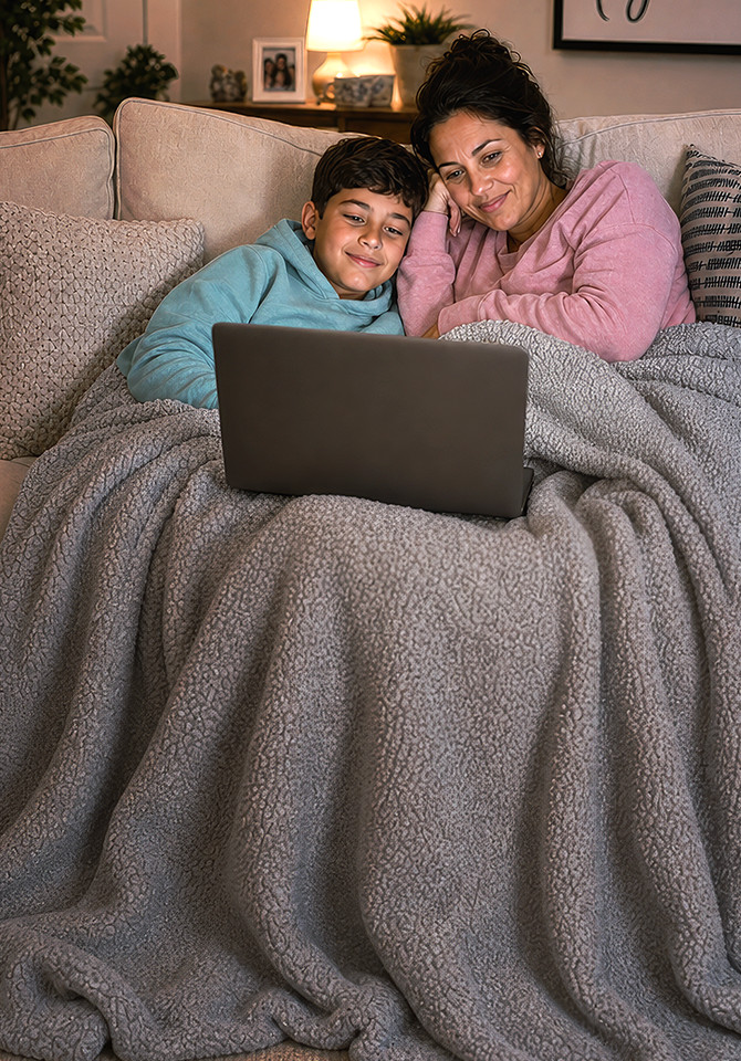 Boy and woman smiling under a gray blanket on a sofa with a laptop