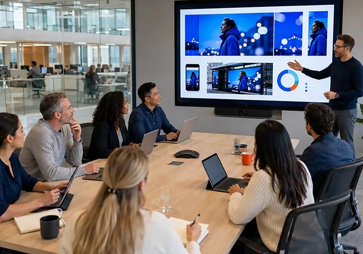 Group of colleagues in a conference room meeting, viewing a data dashboard on a wall-mounted screen