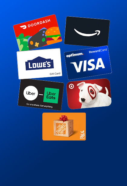 Fanned gift cards for DoorDash, Target, Lowe's, Optimum Visa, Amazon, Walmart, Home Depot and Uber Eats on blue